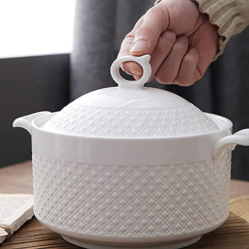 Lzeal Keramische Suppenterrine Mit Suppenkelle Suppenschüssel Mit Deckel Aus Porzellan Für Restaurant Zuhause Küche Weiße Dekoration Suppentopf,Weiß,2400ML,2400L