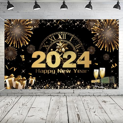 Silvester Banner Deko 2025, Extra Große Stoff Happy New Year Backdrop für Dekorationen, 72 x 44 Zoll Schwarz Gold Feuerwerk Photo Booth Hintergrund Poster für Neujahr Party Supplies