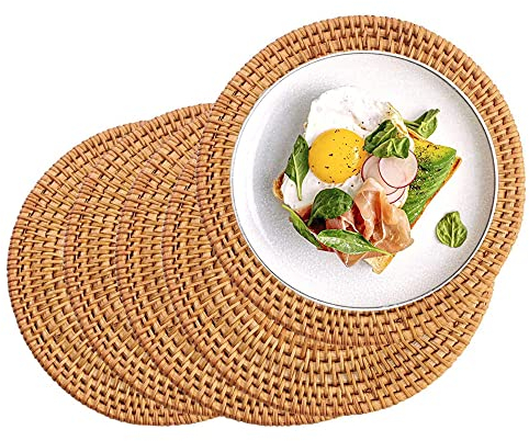 Tiamu 4Pcs Runde Tischsets Abwaschbar, 18cm Geflochten Untersetzer Esstisch, Platzsets Abwaschbar, Tischset Boho aus Rattan, Platzdeckchen, Topfuntersetzer hitzebeständig, Einzugsgeschenke