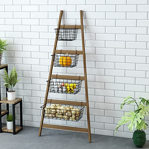 [en.casa] Scala in Legno di Pino con 4 Cesti a Rete Metallica Scaffale - Altezza 144,5 cm - Mobile da Stoccaggio con Contenitori Rimovibili