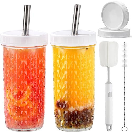 ASANMEYO Mason Jar Lot de 2 gobelets en verre de 710 ml avec couvercles, pailles, 2 couvercles hermétiques, jolis gobelets réutilisables pour smoothie et café glacé, gobelet de voyage pour thé aux
