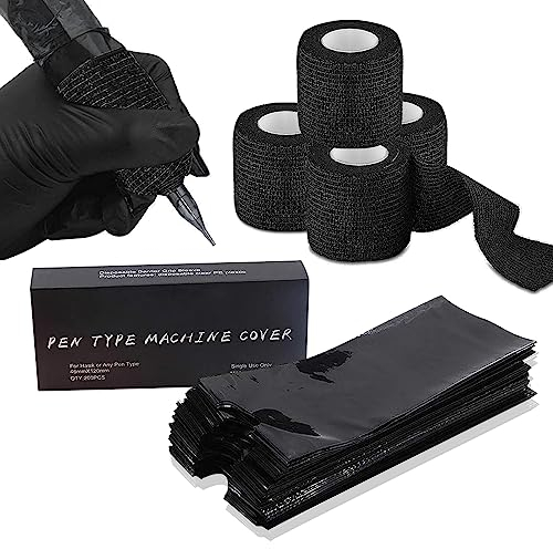 204 Stück Tattoo Grip Tape und Stift Taschen Zubehör Set, Rayyl 4 Rollen Tattoo Griff Abdeckung Wrap und 200pcs Tattoo Stift Taschen für Tattoo Zubehör