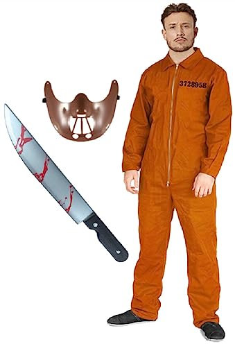 Adult Men’s Orange Prison Jumpsuit, Hannibal Mask, Bloody Knife Fancy Dress Costume Convict Boiler Suit Prisoner Overalls Jail Jump Suit Dress Up Halloween Outfit (XL)