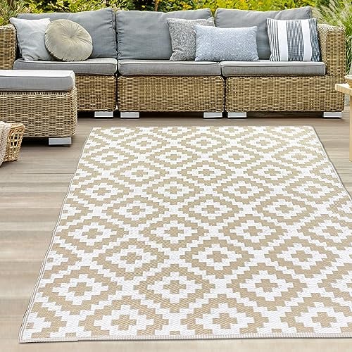 Teppich-Traum Teppich Outdoor Außenteppich wetterfest wasserfest Balkon Garten Terrasse Camping Picknick Strand Kunststoff Rauten Boho beige 120 x 170 cm