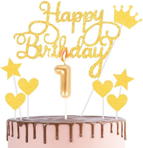 Happy 1st Birthday Cake Topper & Birthday Candle Gold Number 1 Candle for Birthday Cake - 1st Birthday Candles Cake Cupcake Topper Birthday Cake Decorations for Boys Girls Birthday Gold