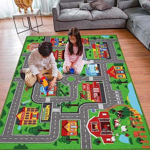 Kids Carpet Playmat Rug 59x39.4, Car Rug for Kids Cars, Non-Slip Town City Road Map Kids Rugs for Playroom Bedroom Boys, Kids Cars Play Mat Track Road Rugs for Kid(59X39.4Inch,Green)