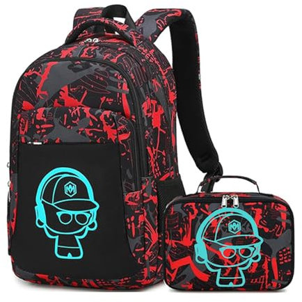LEDAOU Kinder-Schulrucksack mit Lunchbox für Jungen und Mädchen, Büchertasche, Schultasche, Vorschule, Kindergarten, Kleinkind-Rucksack, Graffiti Rot Schwarz, Schule, Freizeit