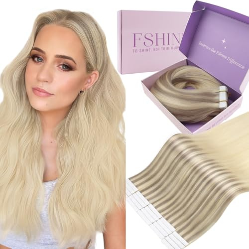 Fshine Tape in Extensions Echthaar, 40 cm, 50 g 20 Stücke, Aschblond bis Bleichblond mit Platinblond, Glatt & glänzend, Klebeband in Haarverlängerungen, Farbe 18 22 60