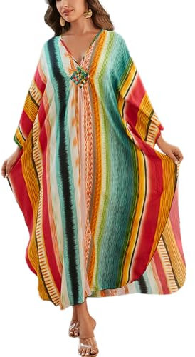 L-Peach Caftan bohème pour femme, robe de nuit, kimono surdimensionné, robe de plage, cache-maillot, B Orange Vert, taille unique