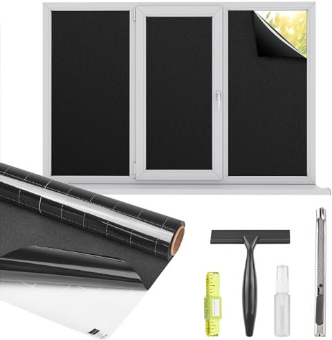 Kromapolis Blackout Window Privacy Film Total Light Blocking Room Darkening Window Covering, Removable Static Cling Frosted Glass Tint, Non-Adhesive, Black 23.6'' x 78.7''
