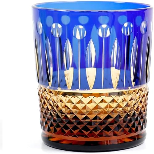 Edo Kiriko Verre à Boire Tasse à Whisky en Cristal à l'ancienne pour Vodka Bourbon Verre à Cocktail coupé à la Main avec boîte-Cadeau 9 oz, Noir, Bleu