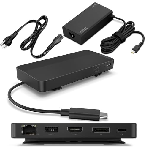 Lenovo USB-C Dual Display Travel Dock w/ 100W Power Adapter - 7 Ports, Integrated USB-C Cable, Universal Compatibility, Dual Displays at 4K - Black
