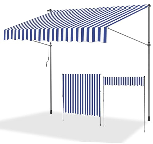 ISOISL Klemmmarkise 250 cm breit, Balkonmarkise mit Handkurbel, UV-beständig, Höhenverstellbar, Sonnenschutz und Wasserdicht Markise Balkon ohne Bohren für Balkon Terrasse Garten(Blau Weiß)