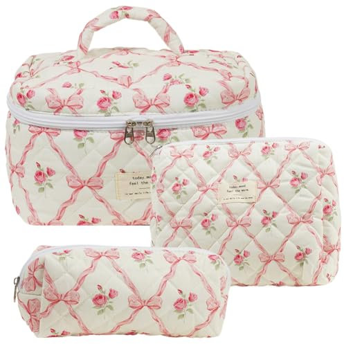 Kexpery Set di 3 trousse per il trucco portatile di grande capacità trapuntata coquette borsa da toilette in cotone estetico per viaggi all'aperto, rosa, 9.84*6.3*6.3inch, Casual/Bellezza/Moda