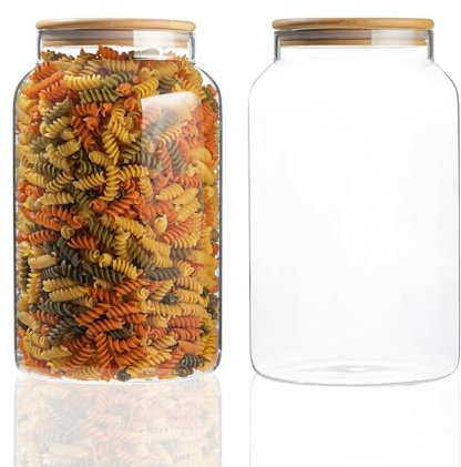 Großes Glas mit luftdichtem Bambusdeckel, starker transparenter Borosilikatbehälter für Küche, Lebensmittelaufbewahrung, Organisation, Terrarium, Speisekammer, dekorativer Behälter und Waschküche, 2