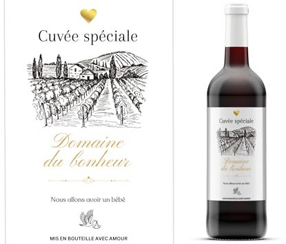 Juego de 5 pegatinas personalizadas para botellas de vino, anuncio original de embarazo para bebé en la carretera, embarazada, anuncio de nacimiento, papá, mamá, abuelos (Domaine du Bonheur)