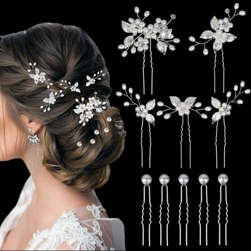 10 Stück Haarschmuck Hochzeit Silber, Haarschmuck Braut Mit Perlen und Blume,U-förmig Haarnadeln Für Bräute Brautjungfern Blumenmädchen Damen