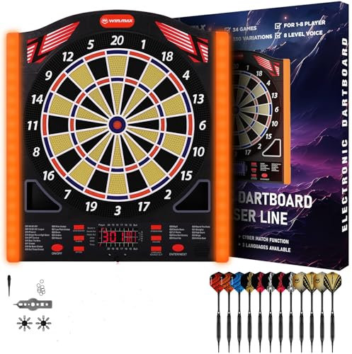 WIN.MAX Elektronische Dartscheibe Profi Set mit Laser Throw/Toe Line Marker mit Deutsche Stimme-Geeignet für Batterien/Adapter für 1 bis 8 Spieler mit 12 Darts (NEU)