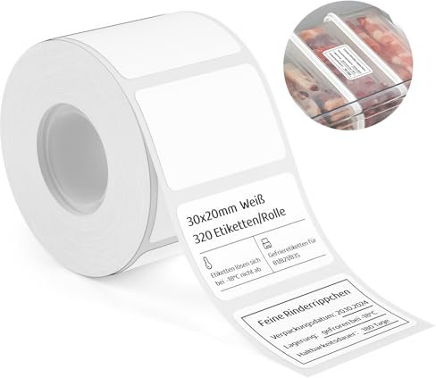 NIIMBOT Etiketten zum Einfrieren, Selbstklebender Etikettenband für B1 B21 B3S, 30 x 20mm 320 Etiketten/Rolle, 1 Rolle Thermo-Etikettenband für Gefrierfächer, Etikettierung von Tiefkühlkost, Weiß