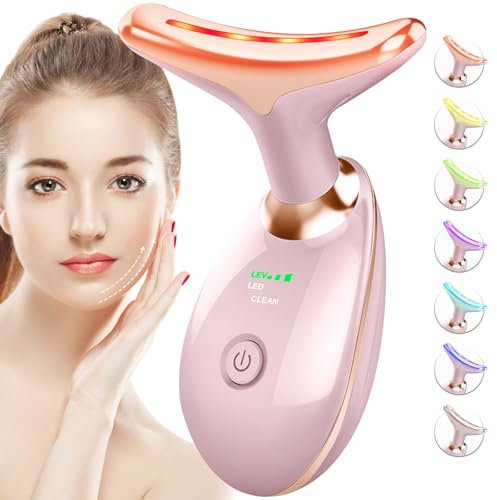 SDKWDH Red-Light-Therapy-for Vise-and-Neck Outil de massage facial 7 couleurs pour les rides, double menton, masseur facial vibrant avec thermiques pour les soins de la peau, rose brillant
