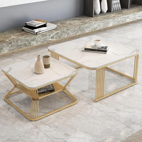 AKALNNB Mesa auxiliar anidada, diseño de doble capa, mesa auxiliar moderna con marco de acero, mesa auxiliar cuadrada con placa de roca, adecuada para apartamentos, patios, etc