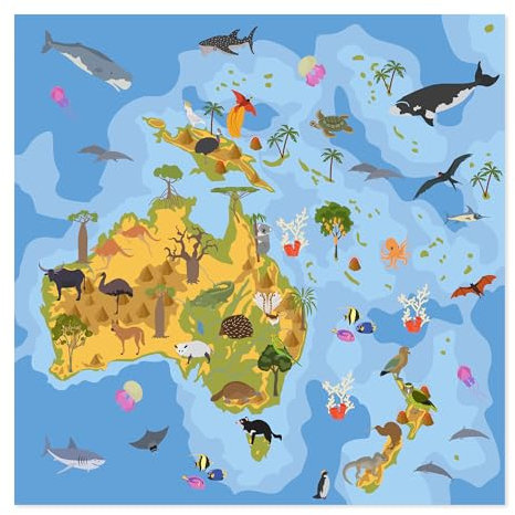 Postereck - 2472 - Landkarte, Australien Kinder Tiere Neuseeland - Kinder Kinderzimmer Kinderbild Wandposter Fotoposter Bilder Wandbild Wandbilder - Leinwand - 20,0cm x 20,0cm