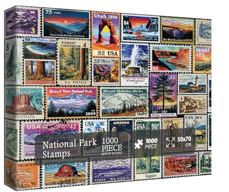 National Parks Stamps Puzzles for Adults 1000 Piece, USA Map Vintage Postage Stamp Jigsaw Puzzle, Yellowstone Zion Alaska Michigan Texas Landscape Collage Puzzle