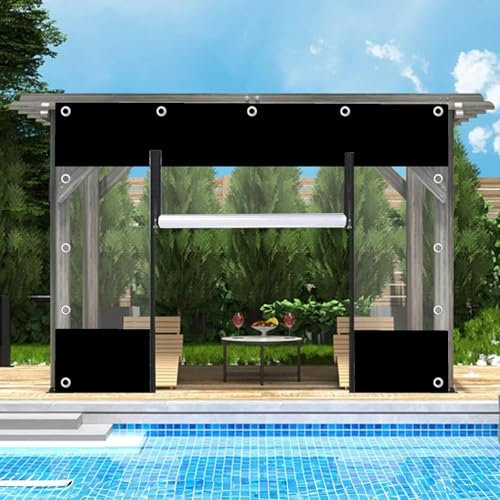 Outdoor Curtains With Zipper Door,Pvc Waterproof Clear Tarp Curtains,Black Transparent Tarpaulin Side Panels for Pergola Gazebo Patio,Rain Curtains Tarpaulin With Grommets,W×H-6.6×3m(21.7*9.8ft)