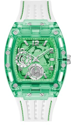 GUESS Herren Armbanduhr Phoenix mit Datumsanzeige, weißes Silikonarmband, Mineral Glas, transparentes Ziffernblatt, 5 Bar, Gehäusedurchmesser: 44 mm, GW0499G10