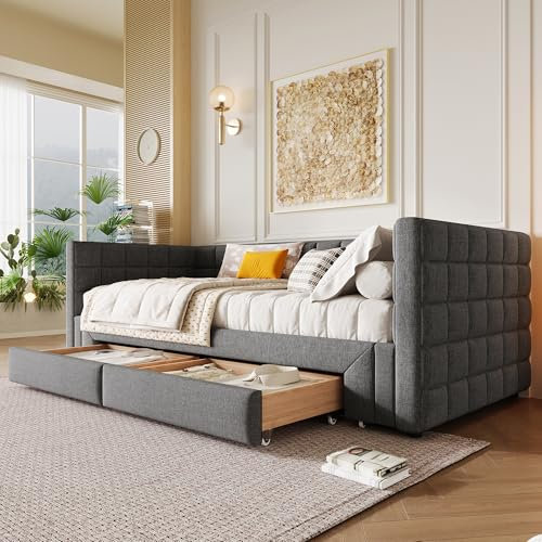 NNJN Daybett, Tagesbett, 90 x 200cm, Sofabett mit quadratischer Rückenlehne, ausziehbares Bett (ausziehbar auf 180 Queensize), 2 Schubladen, ohne Matratze (Grau)