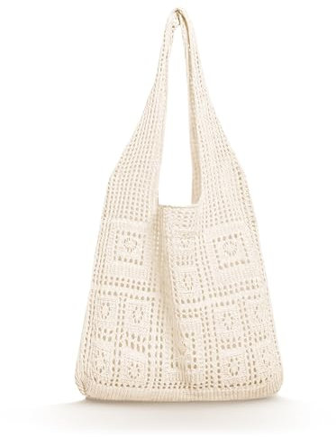 CharmBurst Borsa minimalista all'uncinetto con design cavo, borsa da spiaggia e a tracolla, leggera, pieghevole, grande capacità, adatta per vacanze, donne, estate, bianco, XL