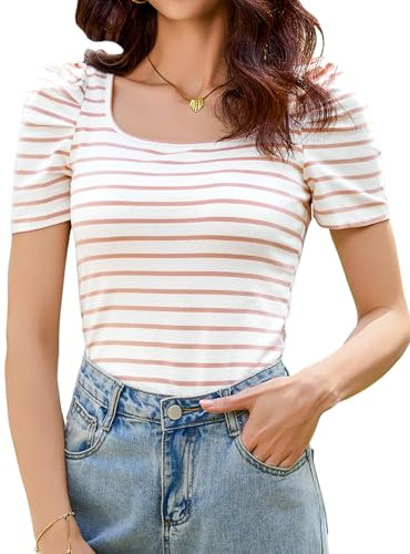 Aottori Maglietta Donna a Righe Manica Corta Elegante T-Shirt con Scollo Quadrato Estivo Top Elasticizzato Casual Shirt Slim Fit vestibilità Classica Rosa XL