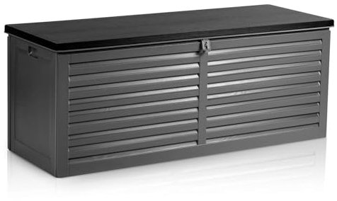 Plonos Gartenbox Auflagenbox Groß Aufbewahrungsbox Kapazität 390l Kissenbox Outdoor Sitzbank Wetterfest Abschließbar mit Deckel 143 x 57 x 53,5 cm Schwarz Grau