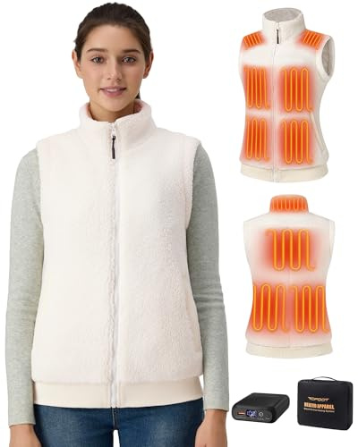 Topdot Heated Gilet Womens Fleece Heated Vest with Power Bank 16000mAh 7.4V, 10 Zones Electric Heated Vest with 3 Heating Levels,Smart Temp Control Heating System,Warm Vest for Women,Beige,M
