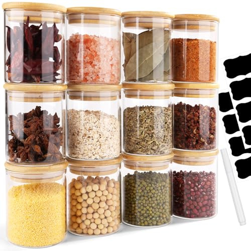 Otauoaea 12stk. Gewürzgläser Rund, 200ml Gewürzdosen Mittel, Vorratsgläser mit Deckel & Etiketten, Gewürzbehälter Spice Jars Gewürzaufbewahrung für Kräuter & Tee, ⌀6,5cm x 8,5cm