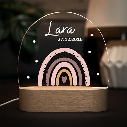 LARIFEE Nachtlicht Regenbogen mit Name – Personalisiertes LED Nachtlicht für Kinder – Lampe aus Acrylglas & Holz, dimmbar – Geschenk zur Geburt oder Taufe