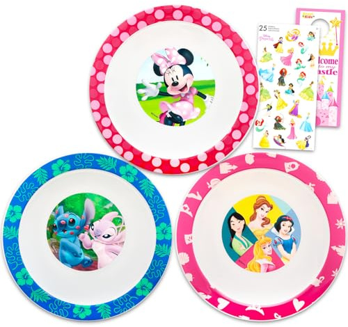 Disney Dinnerware Set for Girls - 3 Pc Kitchen Accessories Bundle with 6.5 Stitch, Princess, Minnie Mouse Bowls Plus Stickers, More | Disney Bowls for Girls, Kids, Toddlers