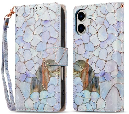 QLTYPRI for iPhone 17 Wallet Case with Card Holder,RFID Blocking | Floral Flip Leather Wallet Phone Case, Kickstand Magnetic Protective Cover, Wrist Strap, Aesthetic Blue Hydrangea Artwork