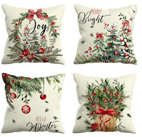 VLYX Set aus 4 Weihnachtskissenbezügen – Design mit Tannenbäumen & Rentieren, 45x45 cm Winterdeko für Sofa & Wohnzimmer