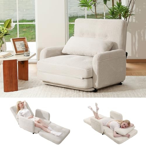 HomeMiYN Faltbares 4-in-1 Sofa Bett, Klappbares Schlafsofa & Gästebett, Relaxsessel mit Schlaffunktion, Sitzsack Alternative für Wohnzimmer, Schlafzimmer Elfenbeinweiß