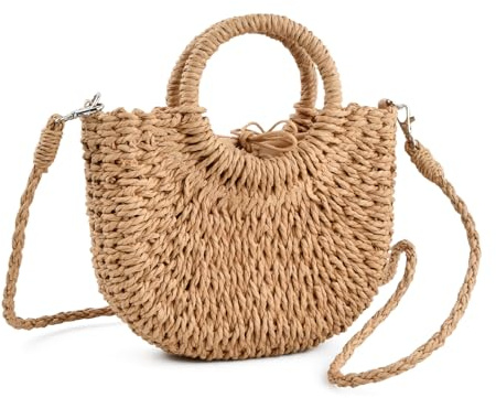 Ziyonix Strohtasche Damen Sommer Strandtasche Klein, Handgewebte Korbtasche mit Griff oben, Elegante Basttasche Umhängetasche für Reise Urlaub Alltag, Leichte Geflochtene Handtasche Clutch