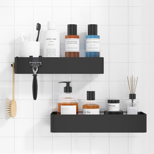 Kitsure Estantería de Baño Adhesiva (Juego de 2), Organizador de Ducha sin Taladro, Gran Capacidad, Acero Inoxidable Antióxido, Estante de Pared de Secado Rápido con 4 Ganchos, Negro, Tamaño Grande