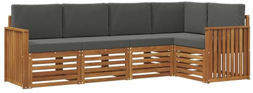 vidaXL Sofasets mit Kissen, 5-teilig, Natur und Anthrazit, rechteckiges Sofaset für Garten und Terrasse, Terrassenmöbel, moderne Sitze aus Akazienholz, langlebige Lounge