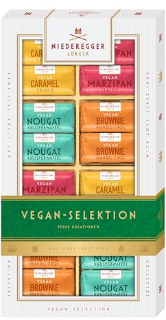 Niederegger | Vegan-Selektion | 1x 200g | Sorten Brownie-Mandel-Choc, Marzipan Classic, Caramel Crunch & Nougat-Knusperwaffel | Pralinengeschenk Vegan