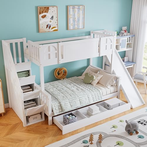 Etagenbett 90x200 & 120x200 cm mit Rutsche, Treppe und Schubladen, Weiß | Mit Rutsche, Stauraumtreppe, rollbaren Schubladen und Rausfallschutz für eine praktische Nutzung im Schlafzimmer