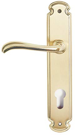 Manivela izquierda de latón fabricado en España. Color dorado mate-brillo. Barnizado semi-brillo. Medida placa: 240x46 mm.