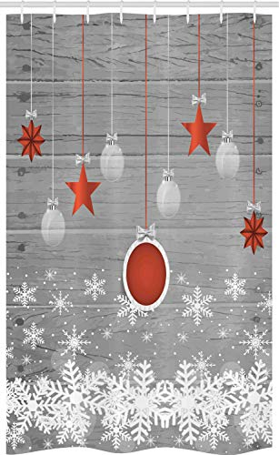 ABAKUHAUS Natale Tenda da Doccia Stalla Stelle Baubles Neve, Set per il Bagno in Tessuto con Ganci, 120 cm x 180 cm, Bianco Grigio Rosso