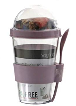 meindekoartikel Joghurt-Becher Snack-Box Togo mit Löffel und Behälter im Deckel für Müsli oder Obst (Flieder)