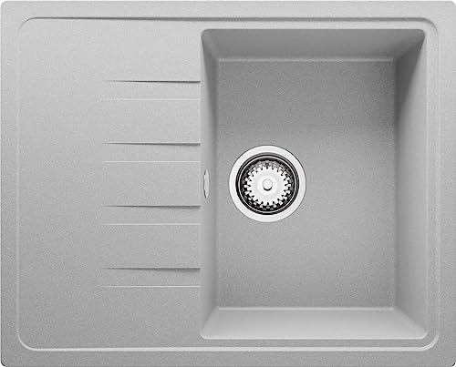 PRIMAGRAN Fregadero Cocina Gris 62x50cm, Granito 1 Seno + Sifón, Sobre encimera al mueble 40cm - Milano