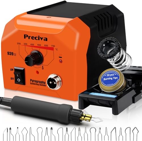 Wood Burning Pyrography Kit, Preciva Woodburner Pen Tool Set with Fast Heat Up Soldering Iron Station, 40W 250-750℃ Adjustable Temperature, 20 Tips and Stand for Engraving Craft